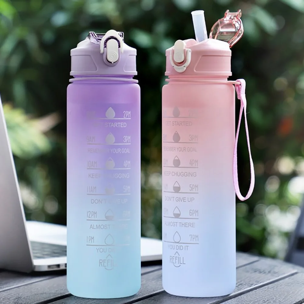 900ML gradient color water cup portable plastic cup bouncing straw water bottle hand-held rope one click snap cover