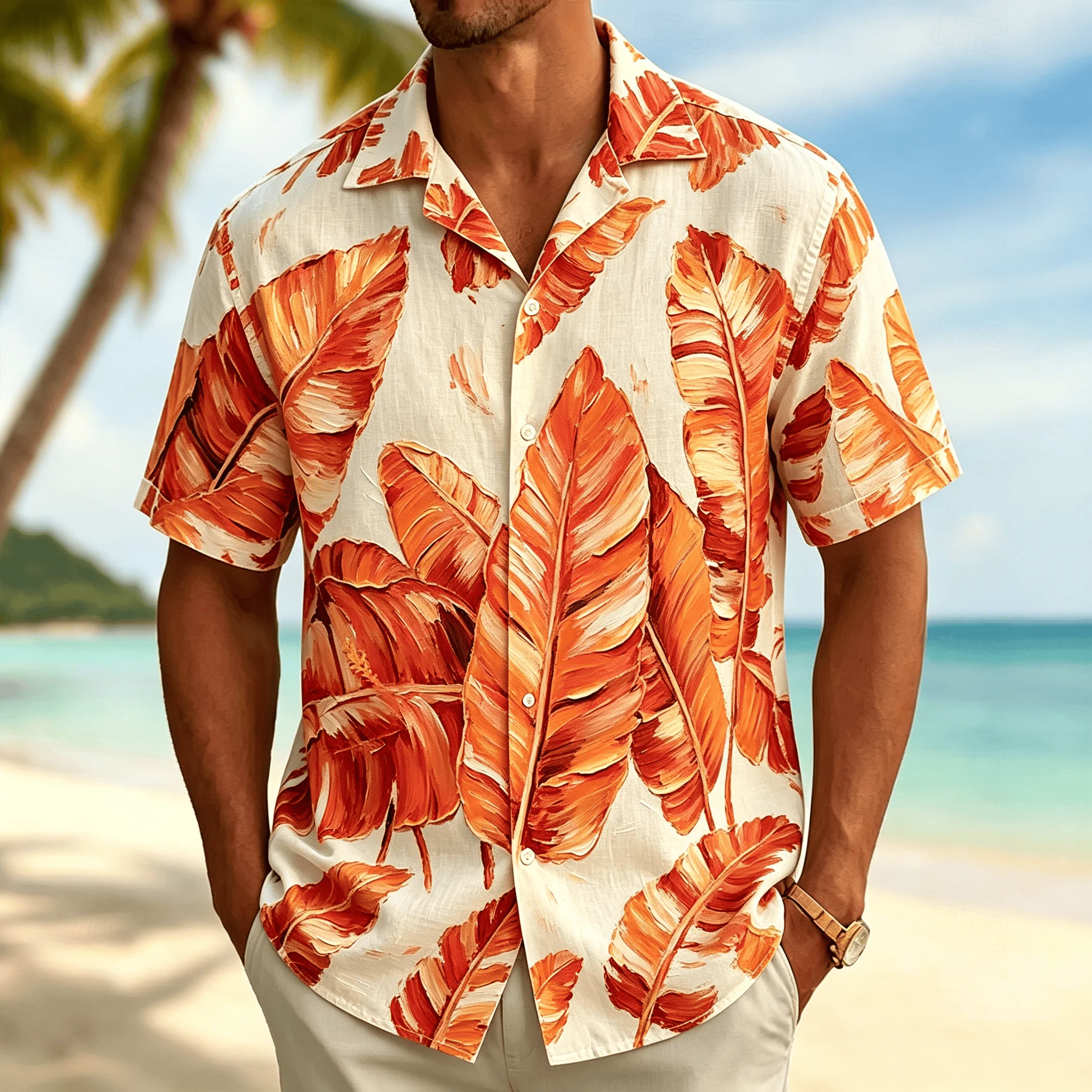 Men's Shirt Tropical Leaf Print Short Sleeve Casual Beach Vacation Leisure Lapel Hawaiian Style Outdoor Daily Loose Men Clothing