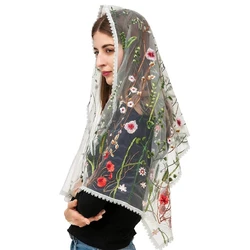 Floral sheer Shawl Embroidered Floral Shawl Headscarf Tudung Hijab Headcovering Scarf Church Shawl Wraps For Women