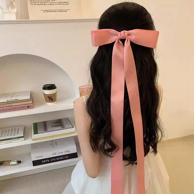 

Fashion Fabric Hair Bow Hairpin for Women Girl Overlength Ribbon Hair Clip Pink Black White Bow Top Clip Female Hair Accessories