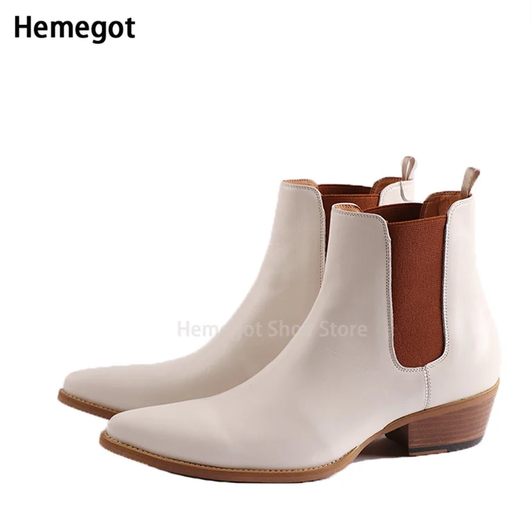 Men's Chelsea Boots Spring/summer Fashion Personality White Pointed Toe Elevation Shoes Cowhide Breathable Slip-On Short Boots