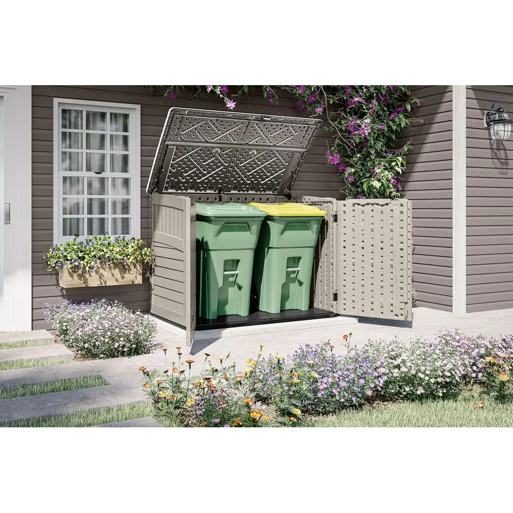 سقيفة تخزين أفقية للاستخدام الخارجي - لمسة نهائية طبيعية تشبه الخشب، راتينج مقاوم للطقس، غطاء مفصلي، أرضية معززة - الولايات المتحدة الأمريكية