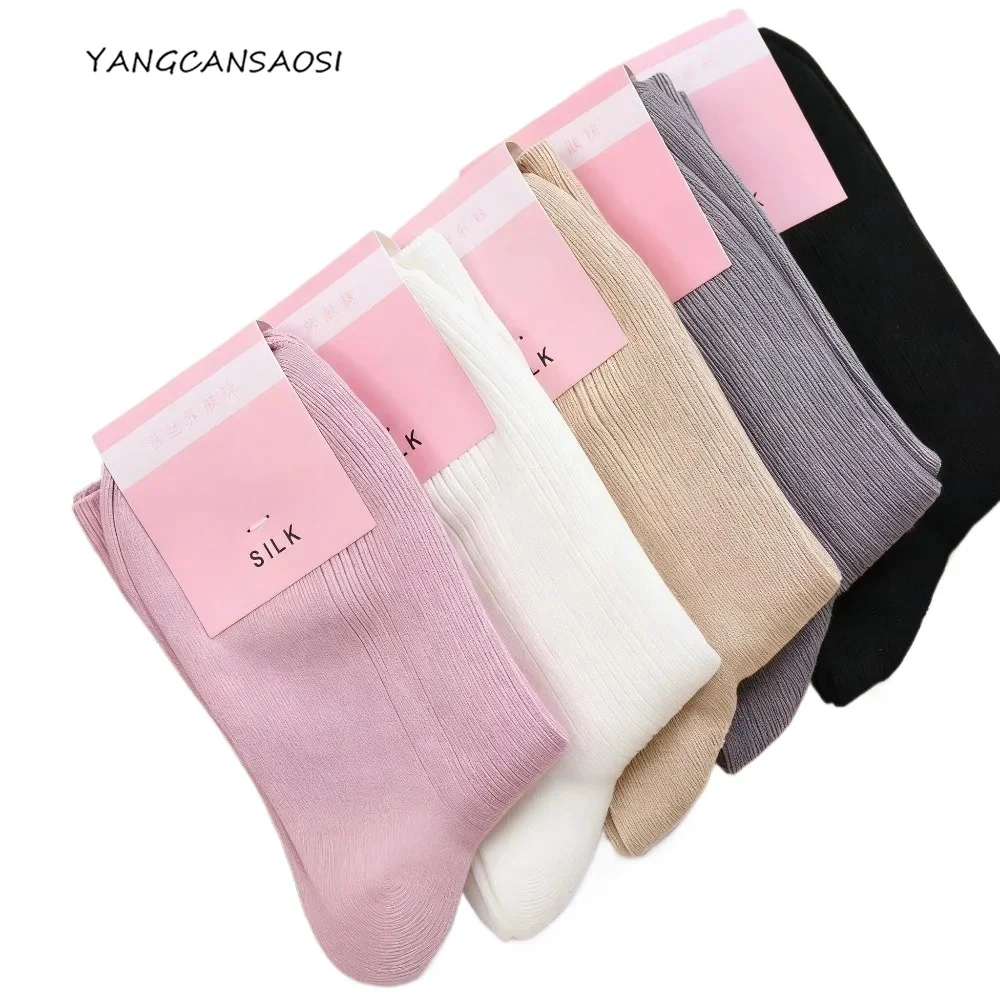 

Носки средней длины из 10% натурального шелка тутового шелкопряда и 70% хлопка, женские повседневные, высокоэластичные, удобные, дышащие, однотонные.