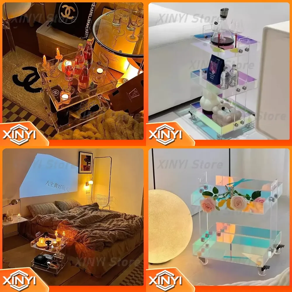 Acrylic Side Table for Bedroom Living Room Office Modern Rolling Cart with Wheels Multi-Tier Storage Transparent Nightstand
