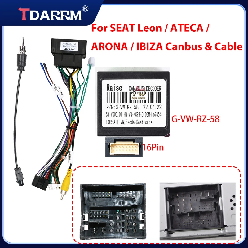 For SEAT Leon/Ateca/Arona /Ibiza Android host 16pin Car Radio Canbus Box Decoder Wiring Harness Adapter Power Cable G-VW-RZ-58