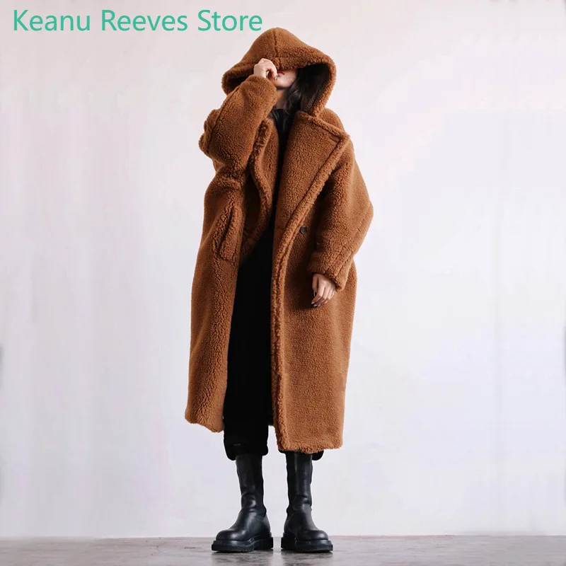 New Coat Winter Clothes For Women 2025 Black Belted Wool Coat Hooded Long Parkas Female Warm Oversized Jacket Fur Coats