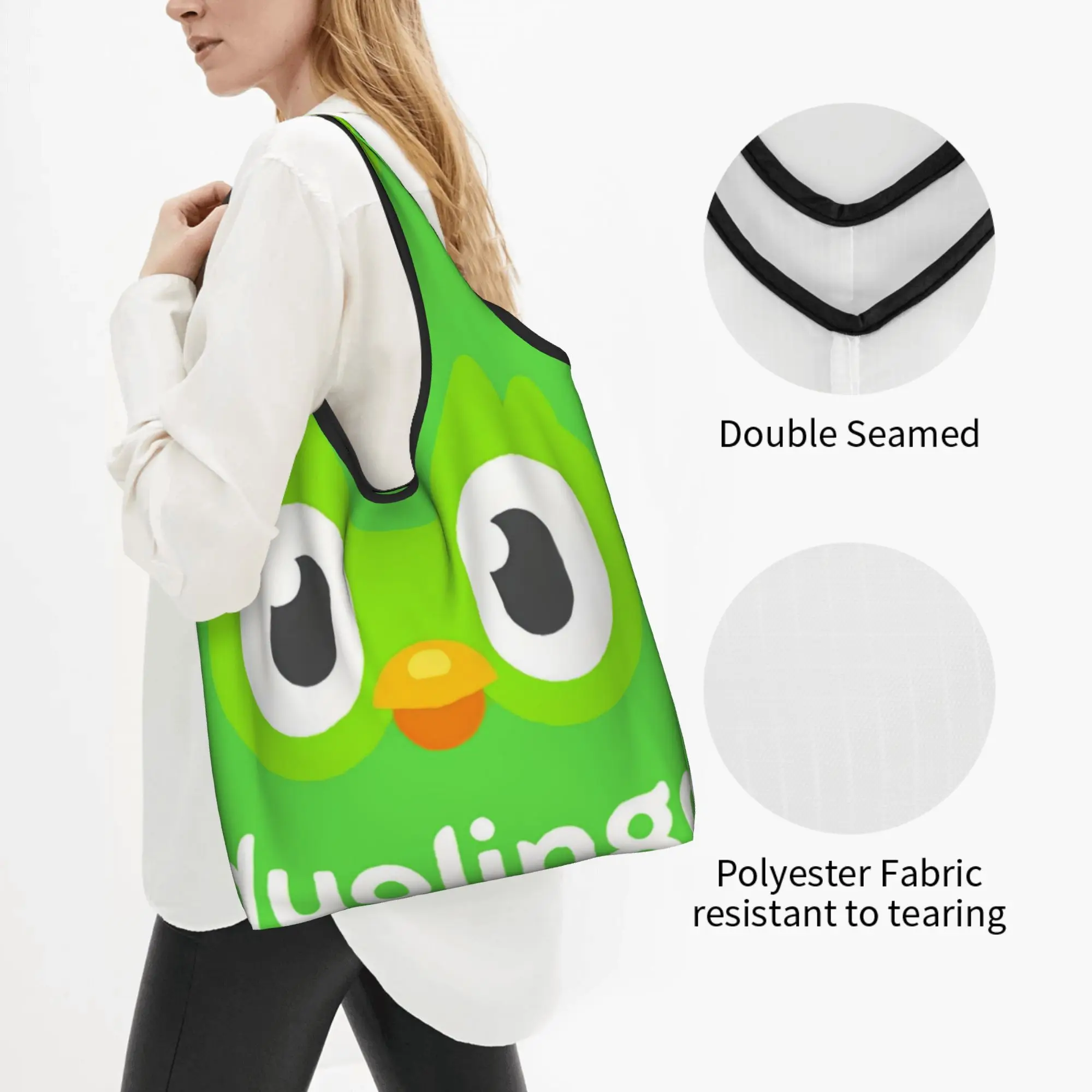 Recycling Cute Cartoon Duolingos Educational Parrot  Shopping Bag Women Tote Bag Portable  Groceries Shopper Bags
