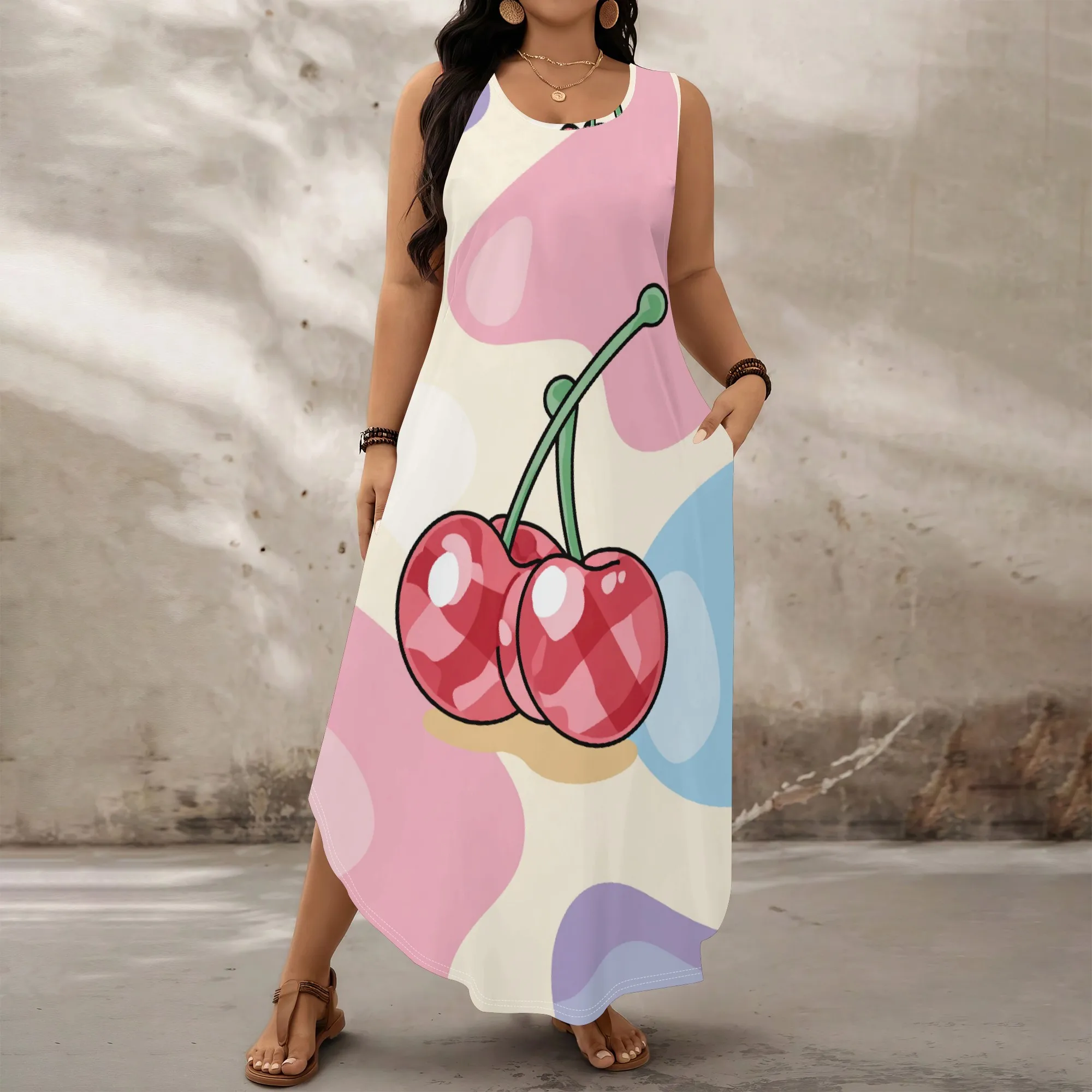 

Plus Size Cherry Print Maxi Dress for Women XL-6XL 2025 Summer Sleeveless Cute Cartoon Casual Loose Beach Dress with Pockets