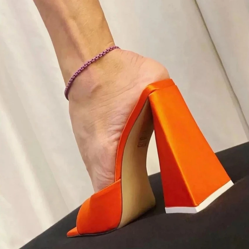 Summer Women Pumps Orange Black Triangle Thick heel Sandals Slippers Sexy Street Woman High Heels Party Peep toe Dress shoes