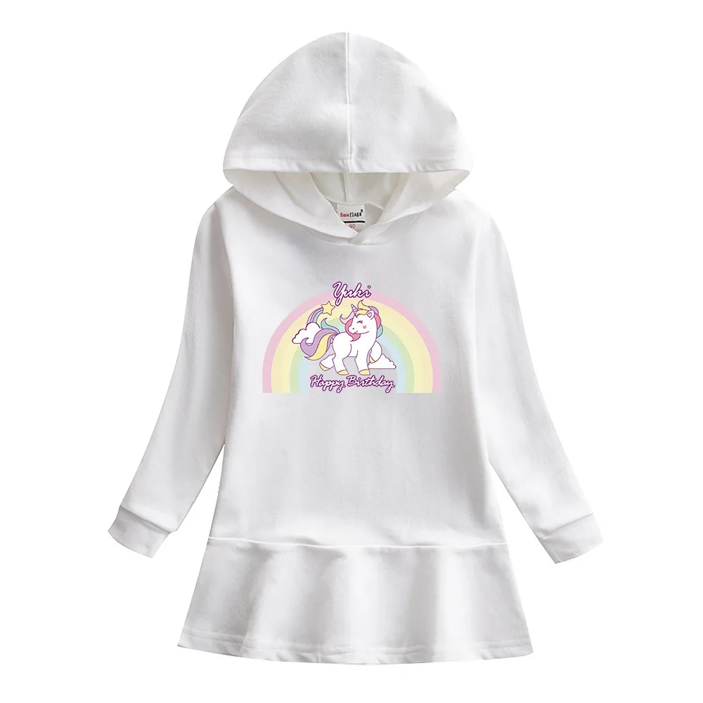 

2024 New Unicorn Quality Cotton Girls Dress Autumn Clothing for Children Pink Long Sleeve Kids Clothes Hooded Rainbow 2-8Y