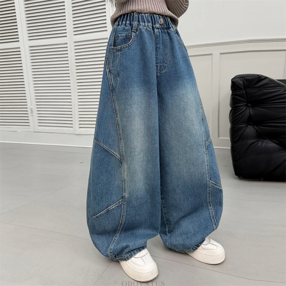 Stylish Children Autumn Streetwear Baggy Jeans For Teen Girls Fashion Wide Leg Patchwork Denim Pants Kids Casual Loose Trousers