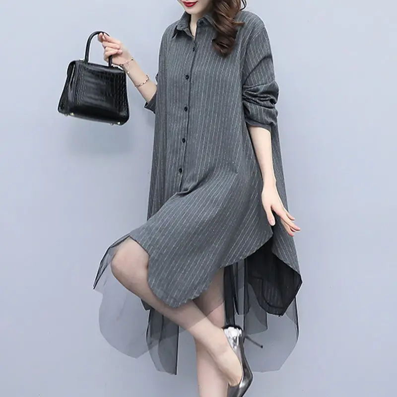 Women Clothing Chic Design Patchwork Shirt Spring Autumn Oversized Lace Button Irregular Tunics Korean Fashion Office Lady Tops