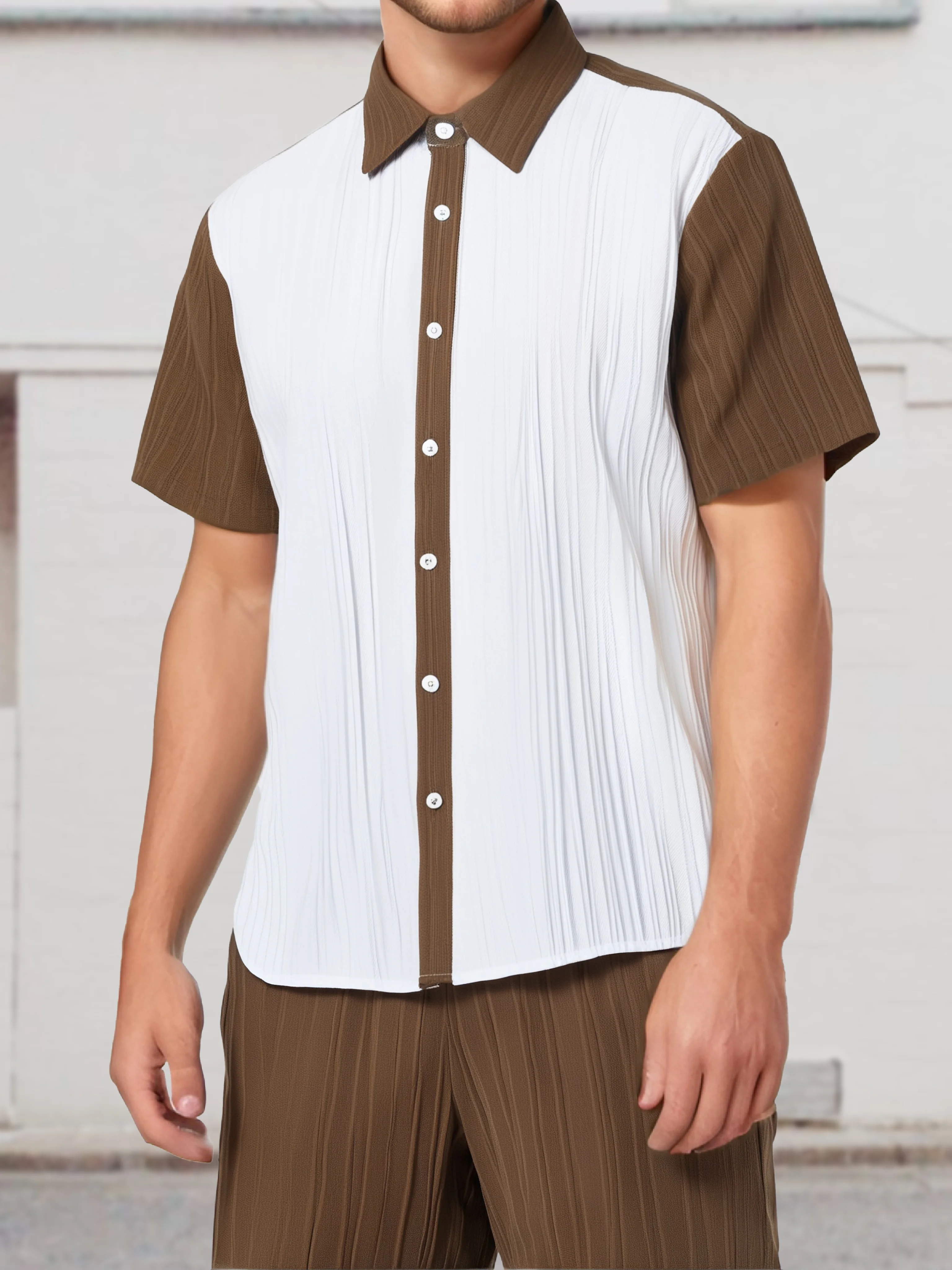 

Men's Brown & White Color Block Textured Set 2 Piece Short Sleeve Shirt & Drawstring Shorts Outfit Multiple Versions with Sub-Titles (Covers Traffic)