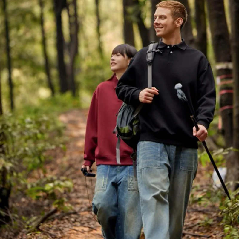 350gsm Mens Heavy Cotton Polo Shirt Europen Casual Commute Loose Fit Tee Autumn Turn-Down Collar Long Sleeve Office Top Unisex