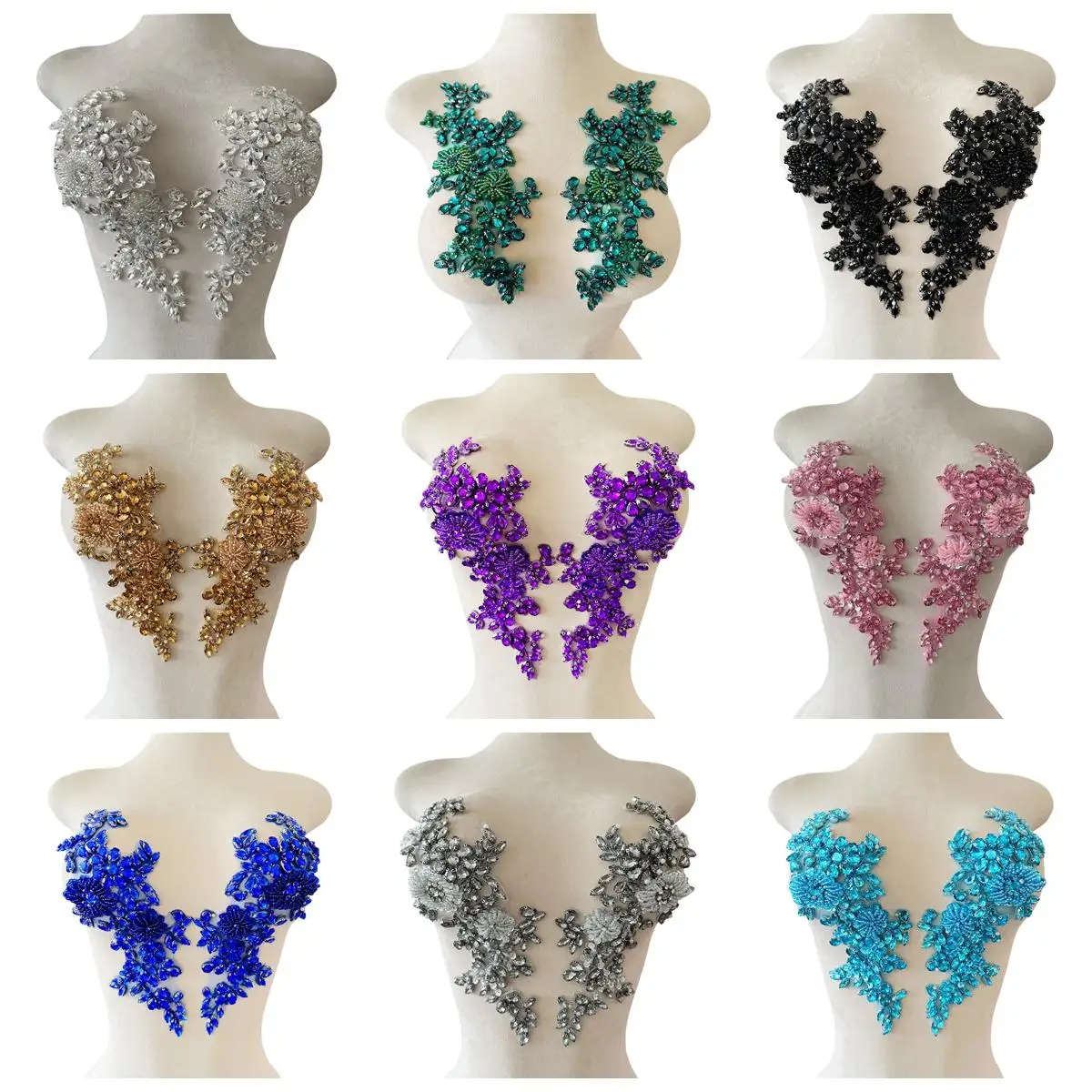 15 colores, apliques pesados, cuentas brillantes, decoración de ropa con diamantes, cuello en V profundo, tela para vestido de noche, Material de diamantes de imitación de lujo