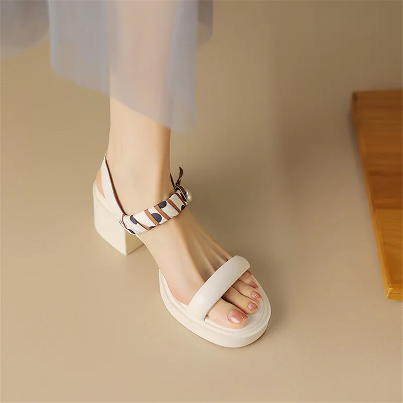 New Women Sandals Cow Leather Open Toe Sandals French Retro Summer Shoes for Women Round Toe Platform Shoes Women High Heels