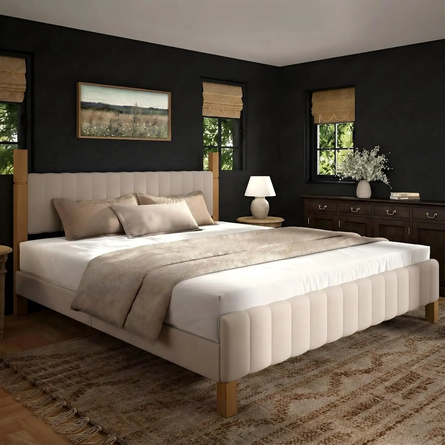 King Size Bed Frame, Wood Bed Frame With Upholstered Headboard, Solid Wood Posts And Feet Platform Bedframe, No Box, Customized