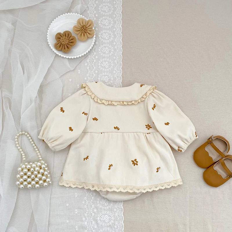 Baby-Mädchen-Stramplerkleid, langärmelig, mit Spitze, Peter-Pan-Kragen, Blumenstickerei, Baby-Overall, Frühling/Herbst, Kleidung für Kleinkinder, 0–24 Monate. – Detail 5