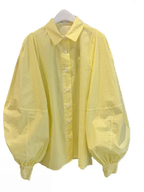 

Spring Thin Women's Puff Sve Striped irt Loose Fit Long Sve Cleanfit Sle Cotton Blend Lantern Sve irt