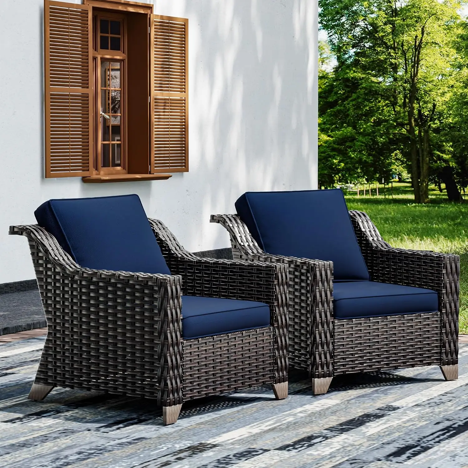 Wicker Patio Chair Set 2 with Wide Armrest & Thick Cushion, Large Outdoor Furniture for Backyard Garden Poolside, Customized