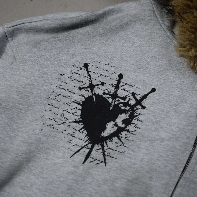 سويت شيرت بغطاء للرأس بياقة فرو مطبوعة على الطراز الأوروبي والأمريكي، قميص للجنسين، سترة بتصميم هاراجوكو داكن