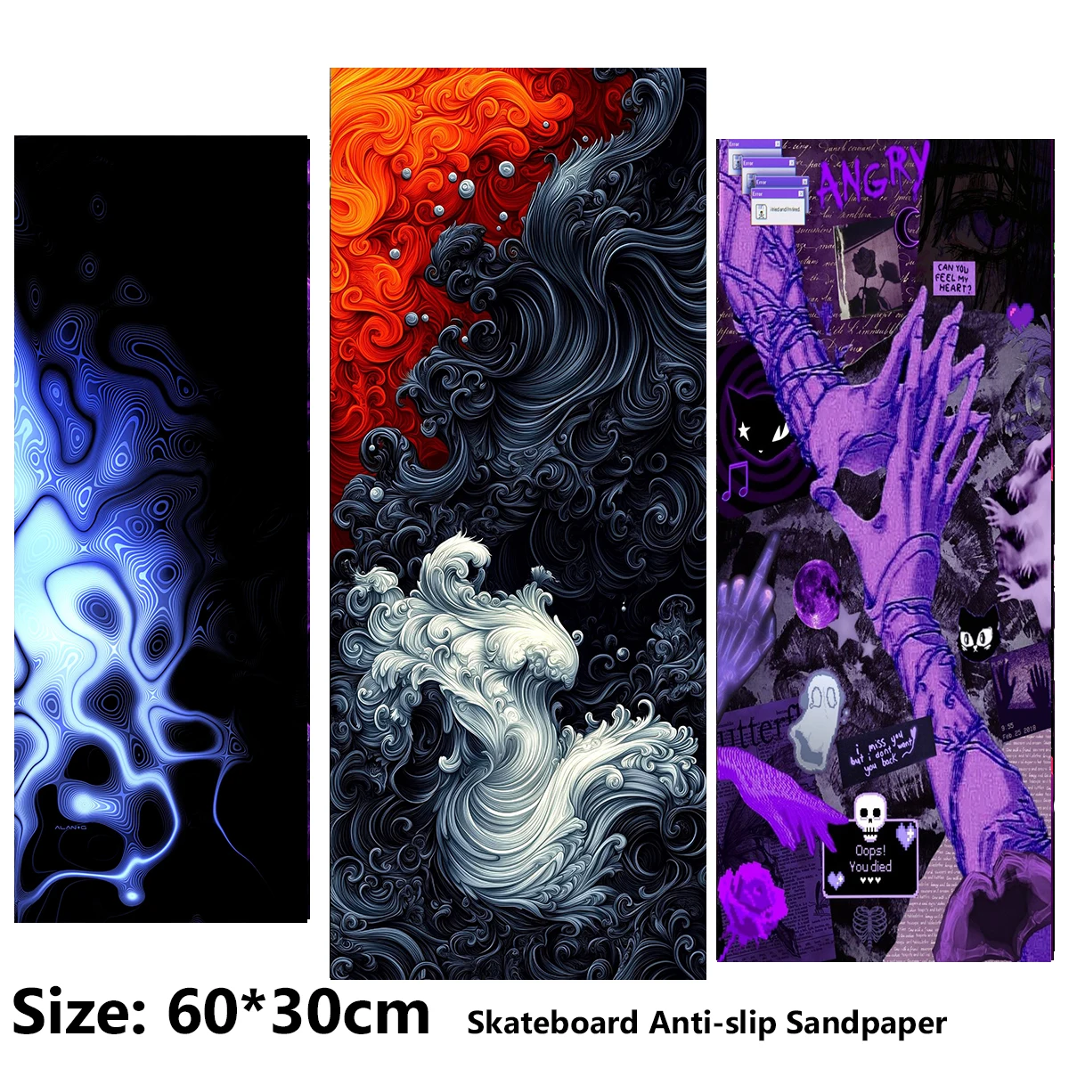Autocollant antidérapant pour trottinette électrique, feuille de grip tape pour skateboard, 60*30cm, motif vague et motif palmier style comic