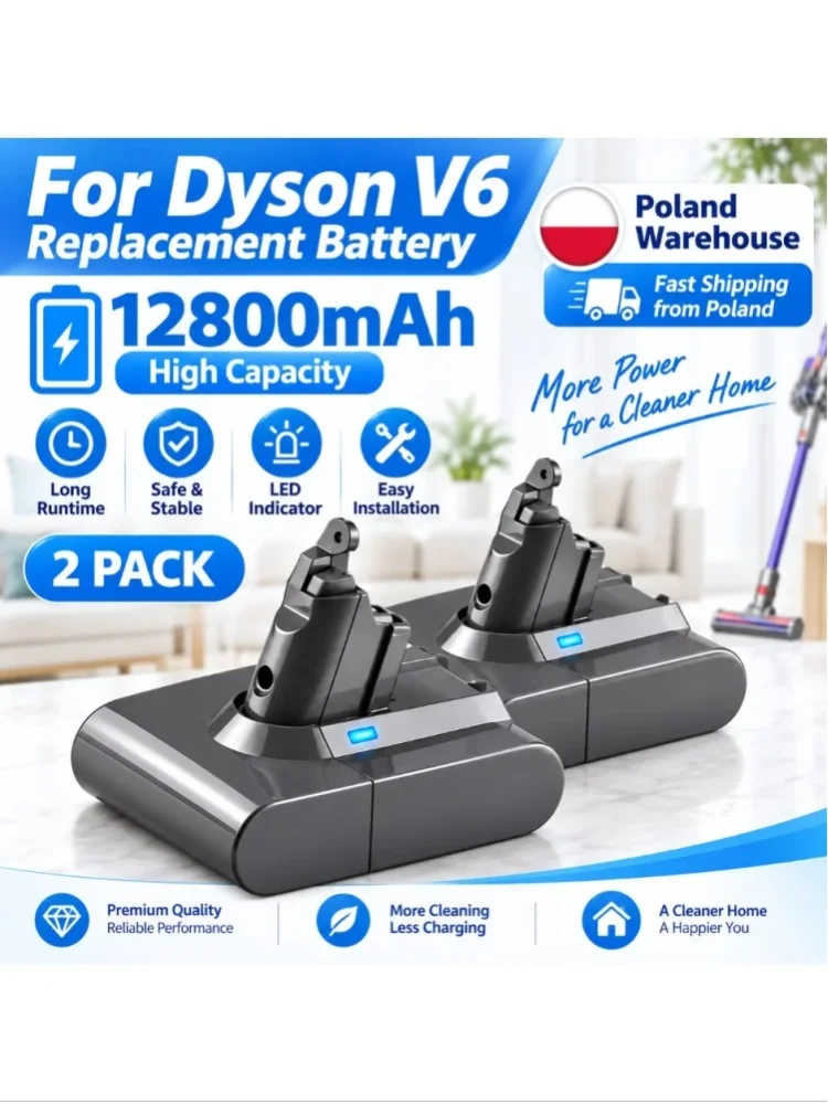12800-mAh-Lithium-Ionen-Ersatzakku, kompatibel mit dem kabellosen Dyson V6-Staubsauger, wiederaufladbarer Akku mit hoher Kapazität und Mehrfachschutzsystem.
