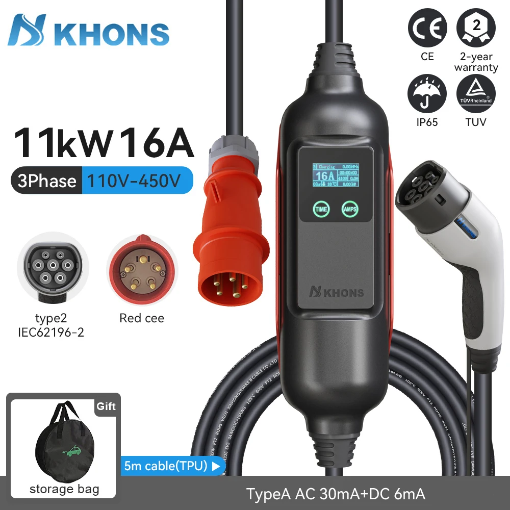 Khons 11KW 16A Portable Electric Vehicle Charger Type2 EV Portable Charger EVSE Charging Box Electric Vehicle Charger IEC62196-2