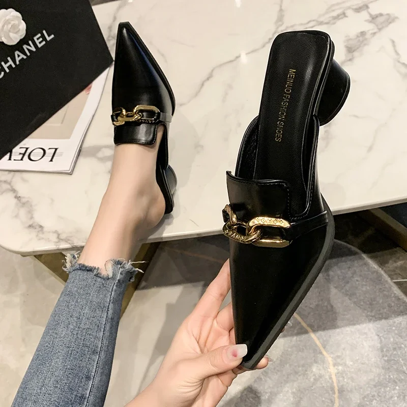 Vrouwelijke Schoenen Cover Teen Vlinderknoop Muilezels voor Vrouwen Slippers Casual Vierkante Hak Loafers Slides Nieuwe Luxe Puntige Damesschoenen