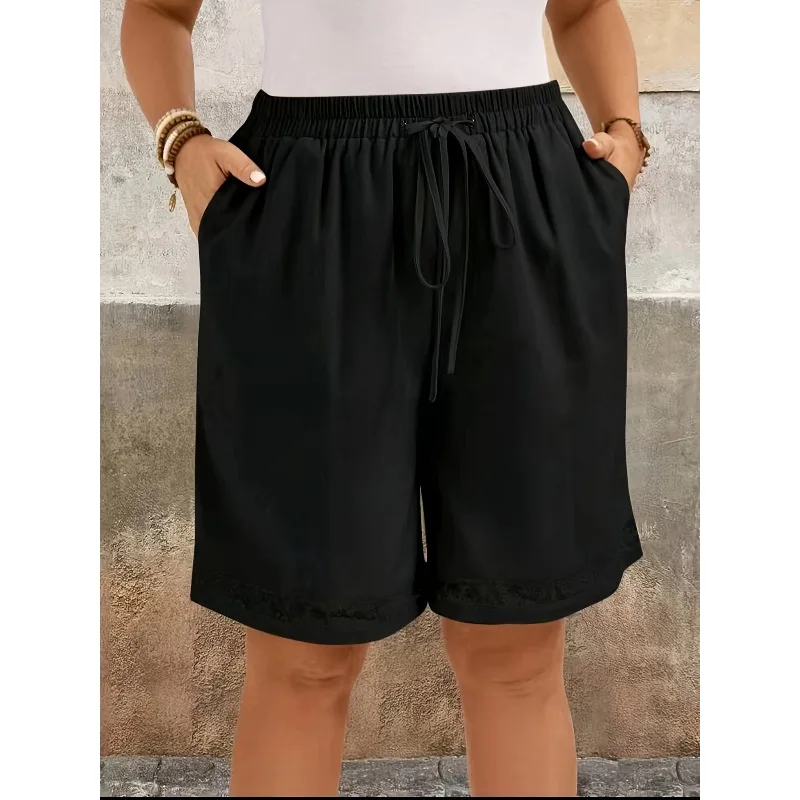 Women's Loose Casual Shorts with Pockets, Solid Color High-Waisted Wide-Leg Shorts