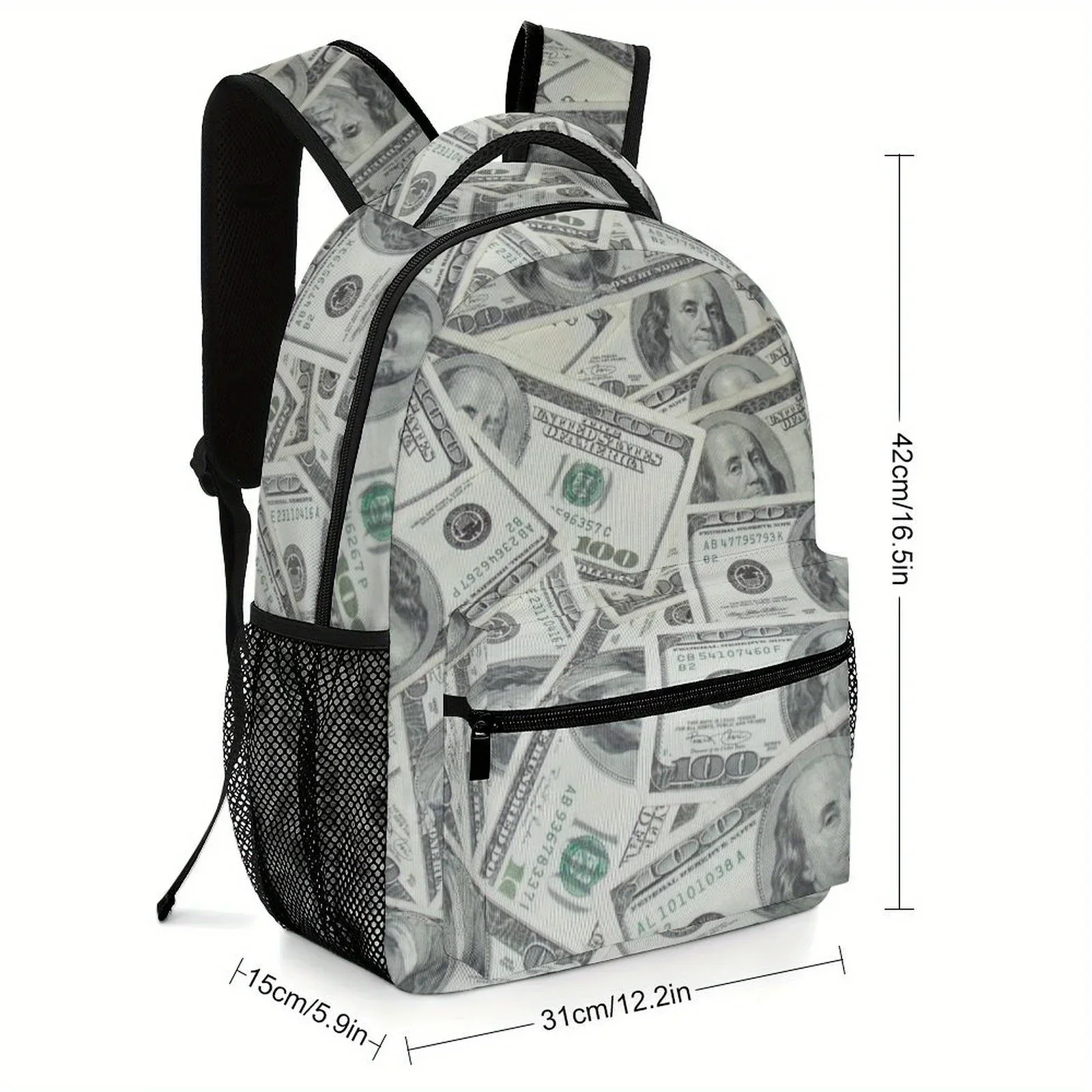 Custom Custom Cool USA Dollar Bill Fashionable Printed Backpack, Lightweight And Durable Fabric, With Adjustable Shoulder Straps