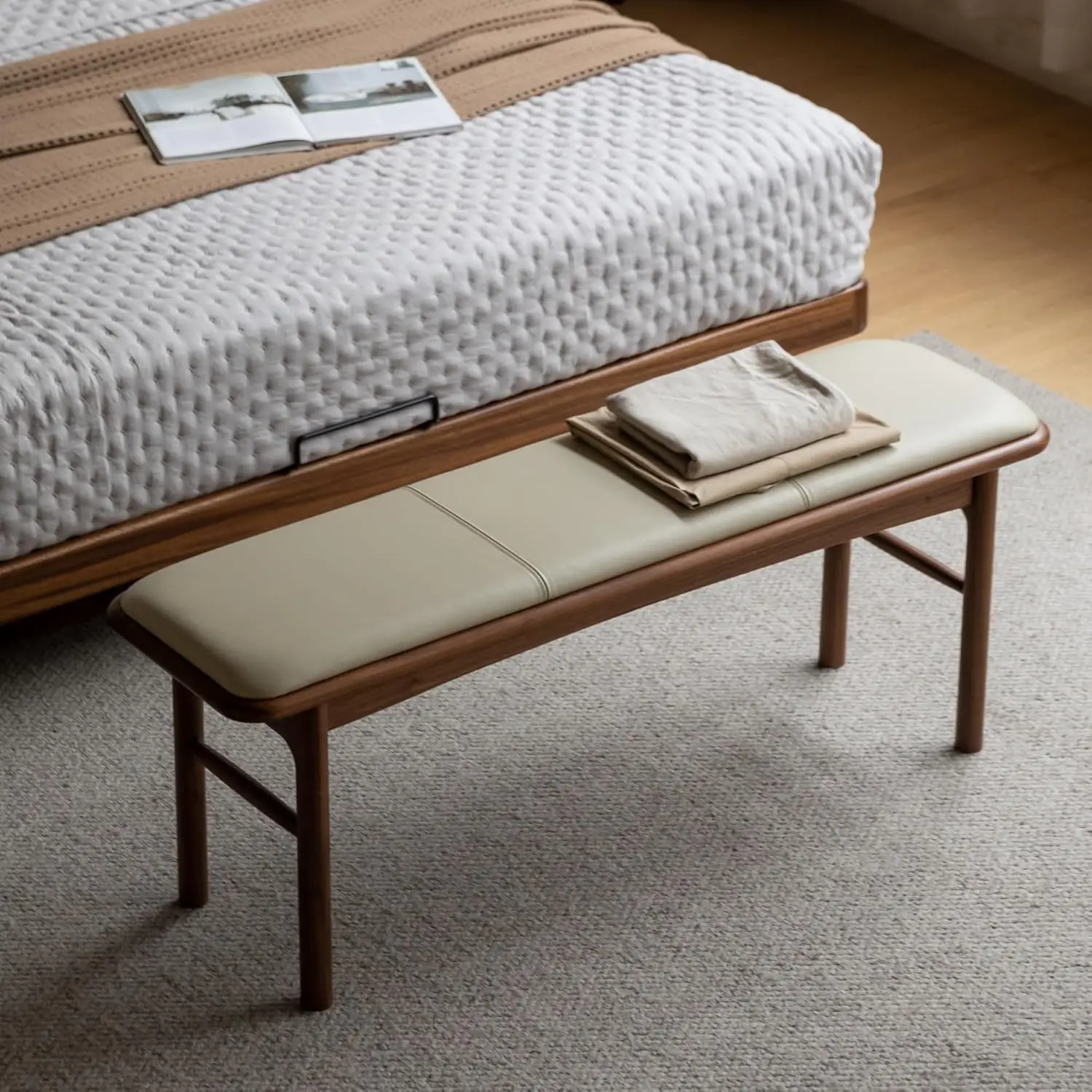 

47.2'' Leather Upholstered Dining Bench Solid Oak Frame Padded Bed End Ottoman Kitchen Living Room Bedroom Entryway, Customized