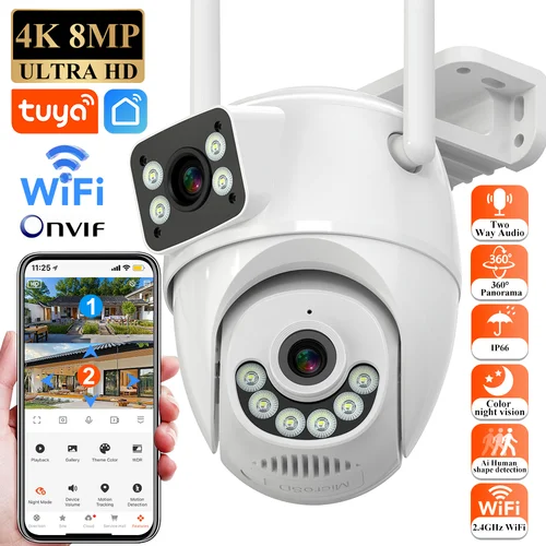 Tuya 8MP HD WiFi cámara PTZ exterior lente Dual pantalla AI seguimiento automático cámara IP soporte Color función de visión nocturna CCTV