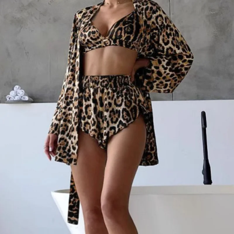 

Leopard Pajama Set for Women, 3-Piece Long Sleeve Open Front Cardigan & Camisole Top & Shorts, Breathable & Soft, Summer Home Lo