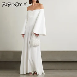 TWOTWINSTYLE Abiti minimalisti solidi per le donne Slash Neck Manica svasata Vita alta Split Abito elegante Abiti di moda femminile