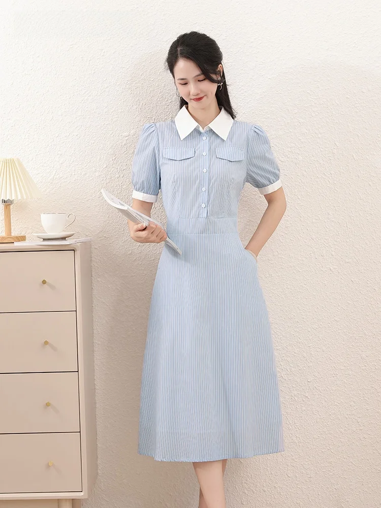 

Синяя хлопковая полосатая юбка-трапеция с высокой талией, на пуговицах, с вставками, для женщин, летняя, новая, элегантная, длинная