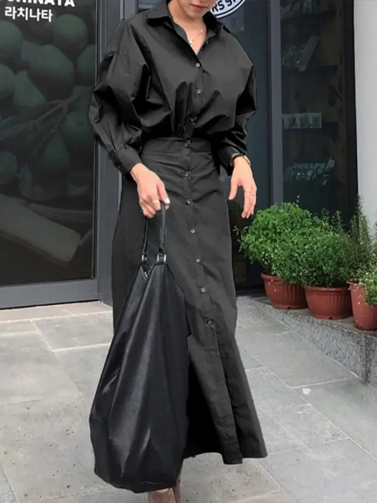 ZANZEA Casual Solid A-line Robe Oversized Women Shirt Dress 2023 Summer Long Sleeve Lapel Collar Maxi Dresses Bohemian Vestidos