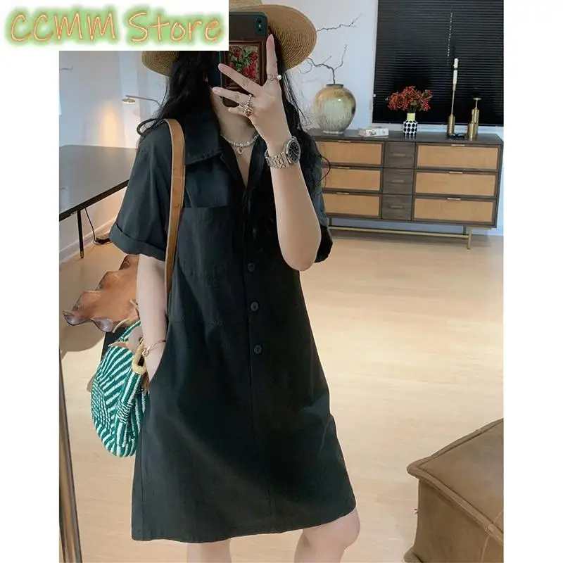 Fashion Lapel Button Pockets Solid Color Casual Dress Female Clothing Summer New Loose Short Sleeve Young Style Shirt Dress