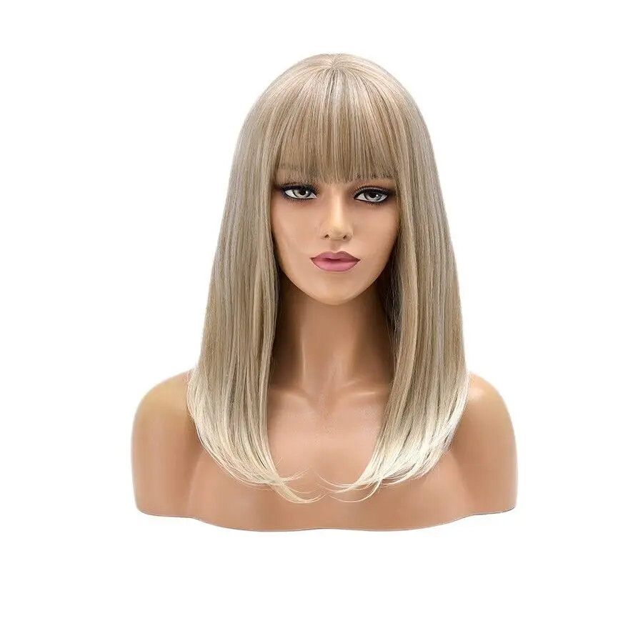 Heat Resistant  Hair Cosplay Wig With Bangs Bob Straight Blended Blonde Synthetic