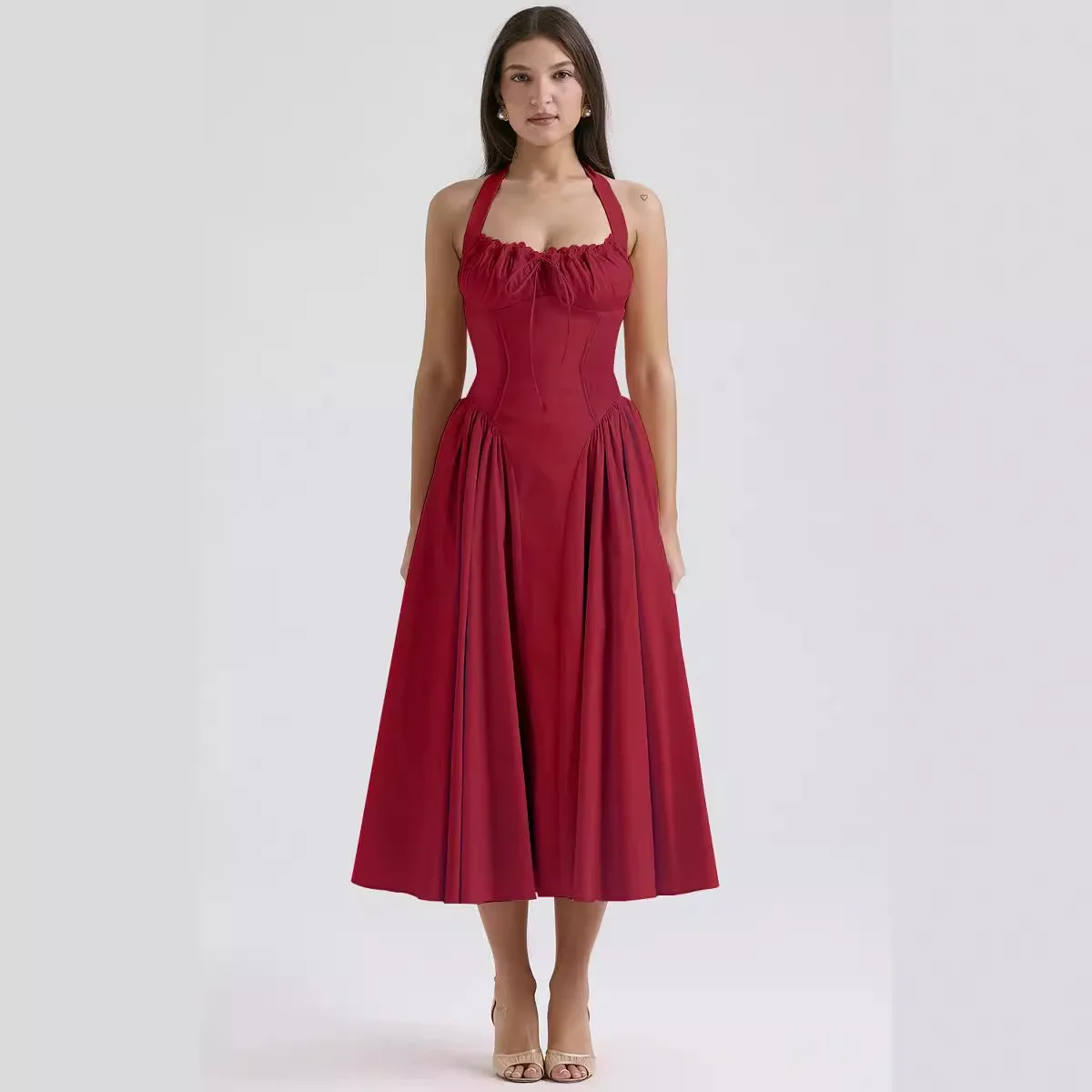 E Vestido de Encaje con Estampado Moderno, Verano, Corte Ajustado, Escote Strapl, Dobladillo Cole, Falda de una...