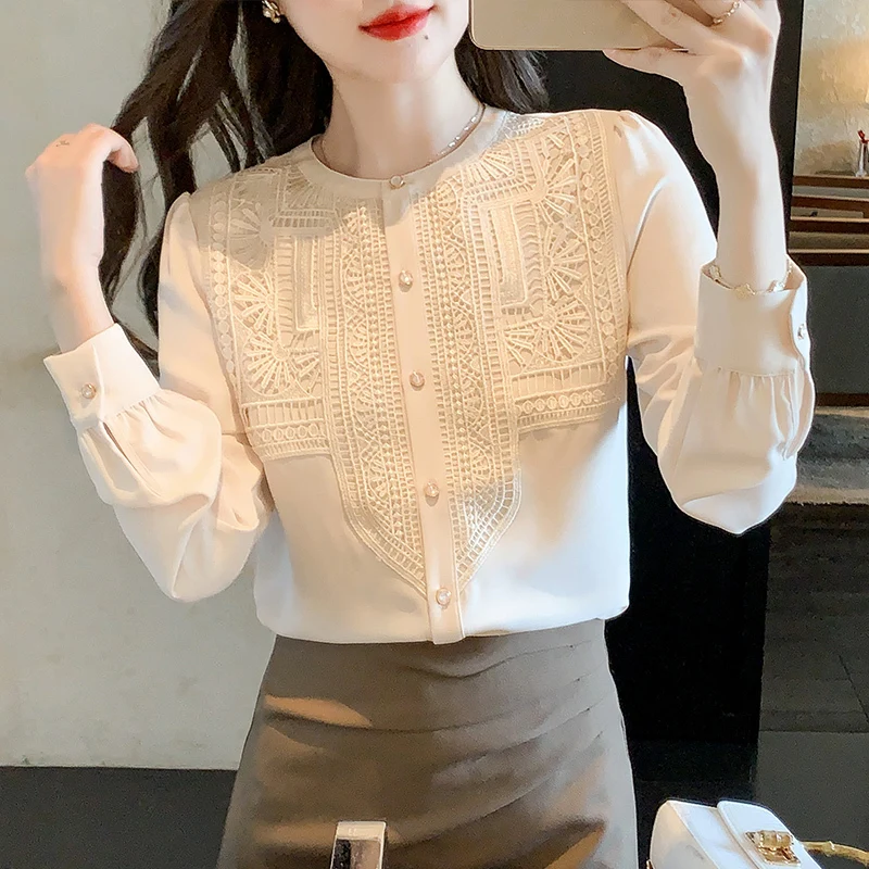 #3235 Spring Beige Long Sleeve Shirts Women Round Neck Vintage Shirts Female Split Joint Lace Blouse Femme Loose Single Breasted