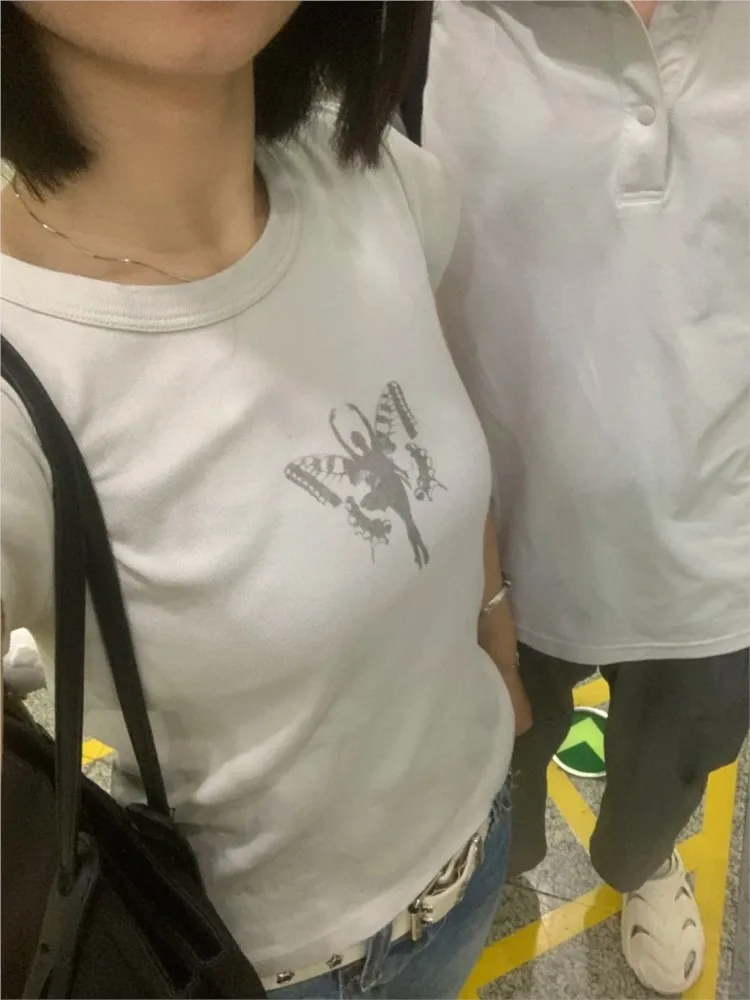 

Gray Butterfly Print Slim T-shirt Women Streetwear Chic Cotton O-neck Short Sleeve Tee Shirts Casual Cute Preppy Style Y2K Tops