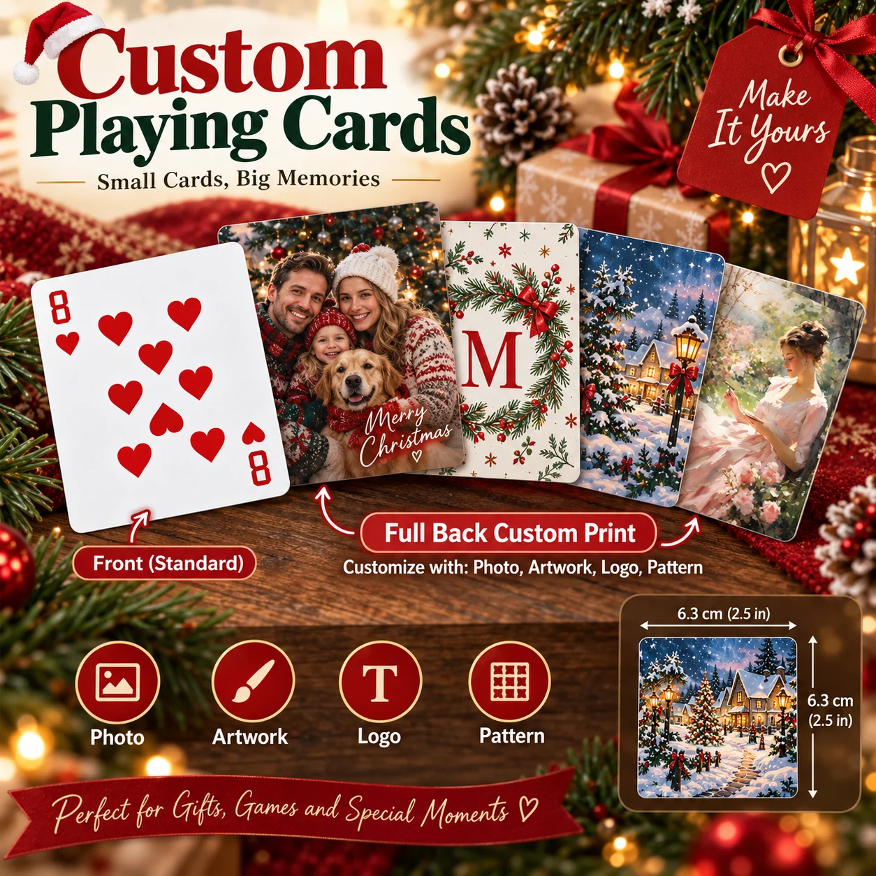 Custom White Cardboard Playing Cards Personalized Back Design Christmas Poker Deck for Holiday Party Game Gift