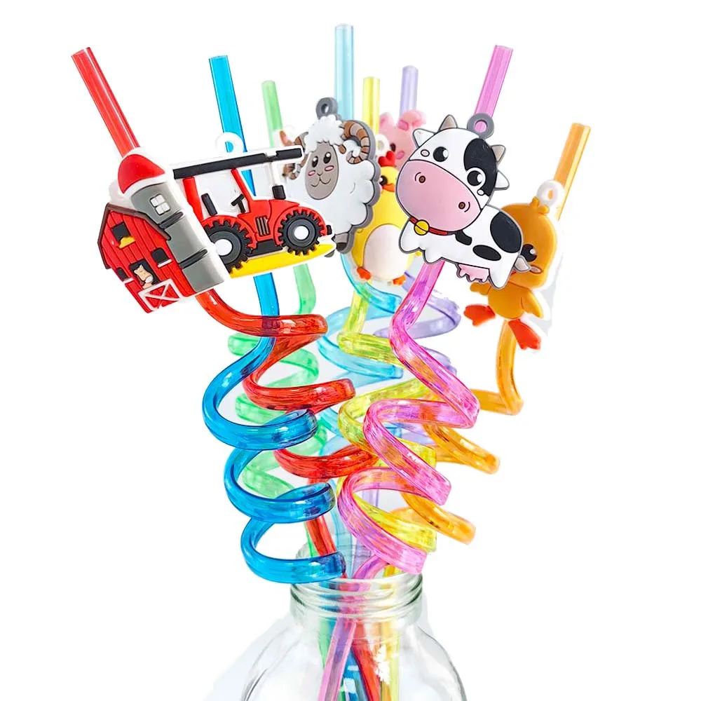 Canudos de plástico para animais de fazenda, canudos de plástico para crianças, beber água, frango, ovelha, cavalo, vaca, porco, quintal, tema de fazenda, suprimentos para festa de aniversário