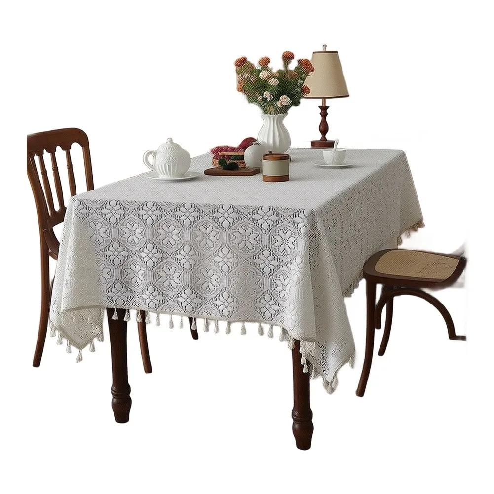 Breathable Hollow-Knit For Table Cover with Soft Tassel Fringe for Living Room Dining Room and Occasional For Table Styling