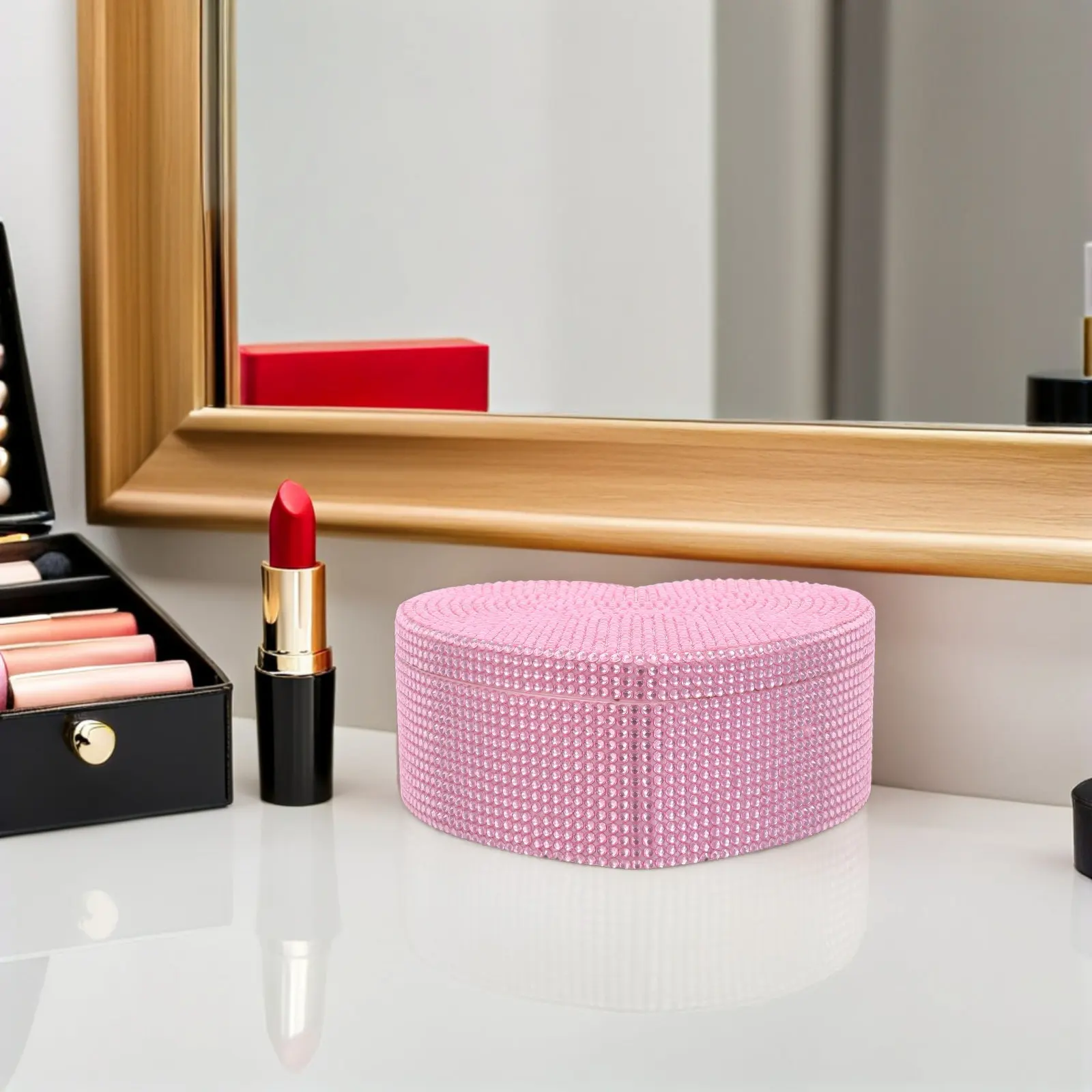 

Шкатулка для украшений в форме сердца, с блестящими стразами, двухъярусная, с зеркалом, для хранения серег и ожерелий, пластиковый органайзер