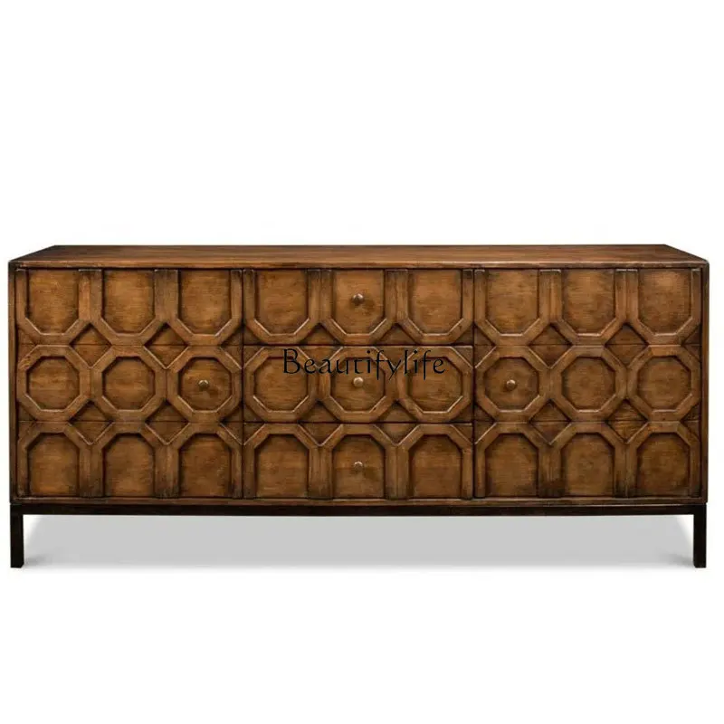 

01American solid wood dining side cabinet French retro living room storage decorative cabinet with door