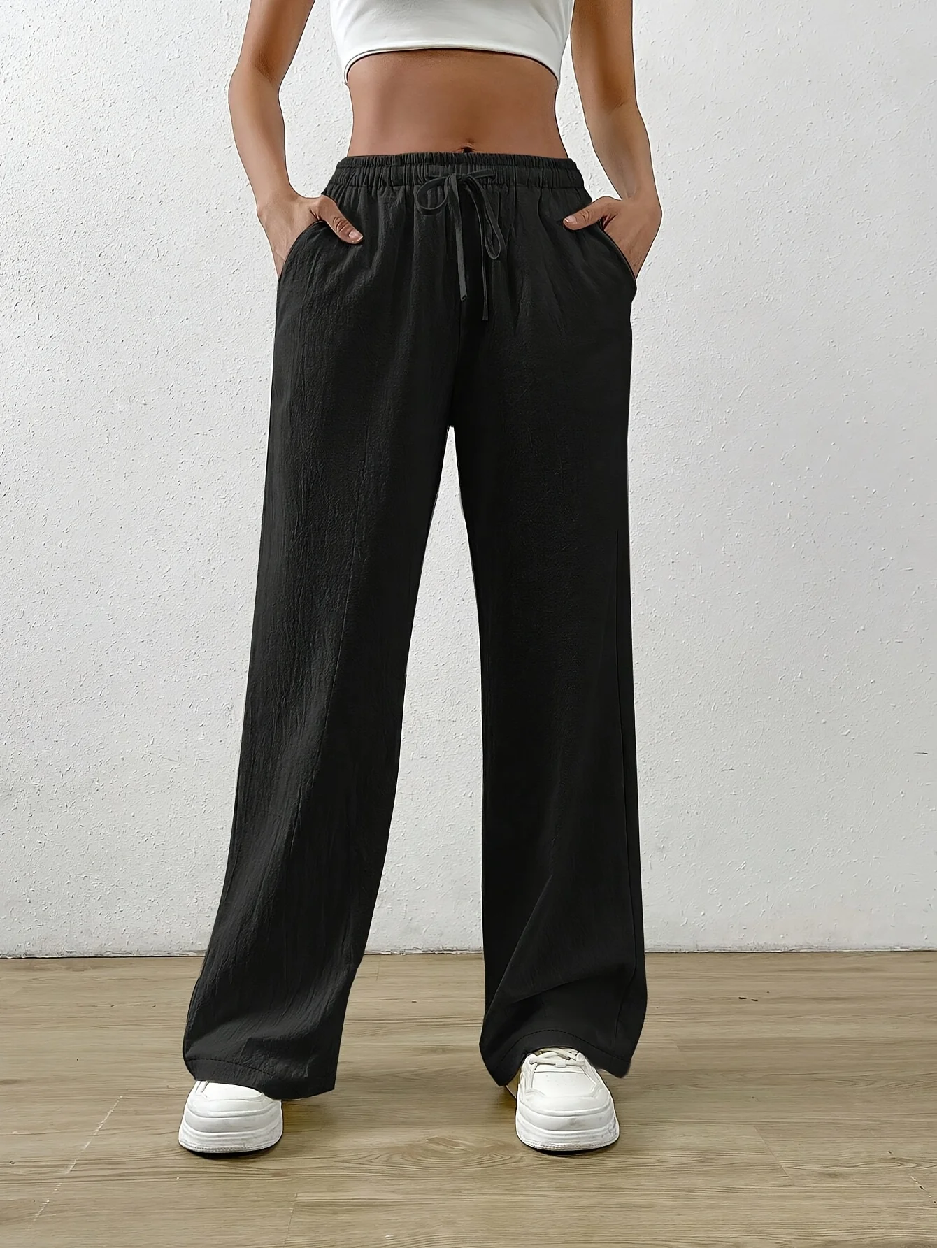 Women's Black Drawstring Elastic Waist Wide Leg Pants - Fall Winter Casual Comfort Outfit