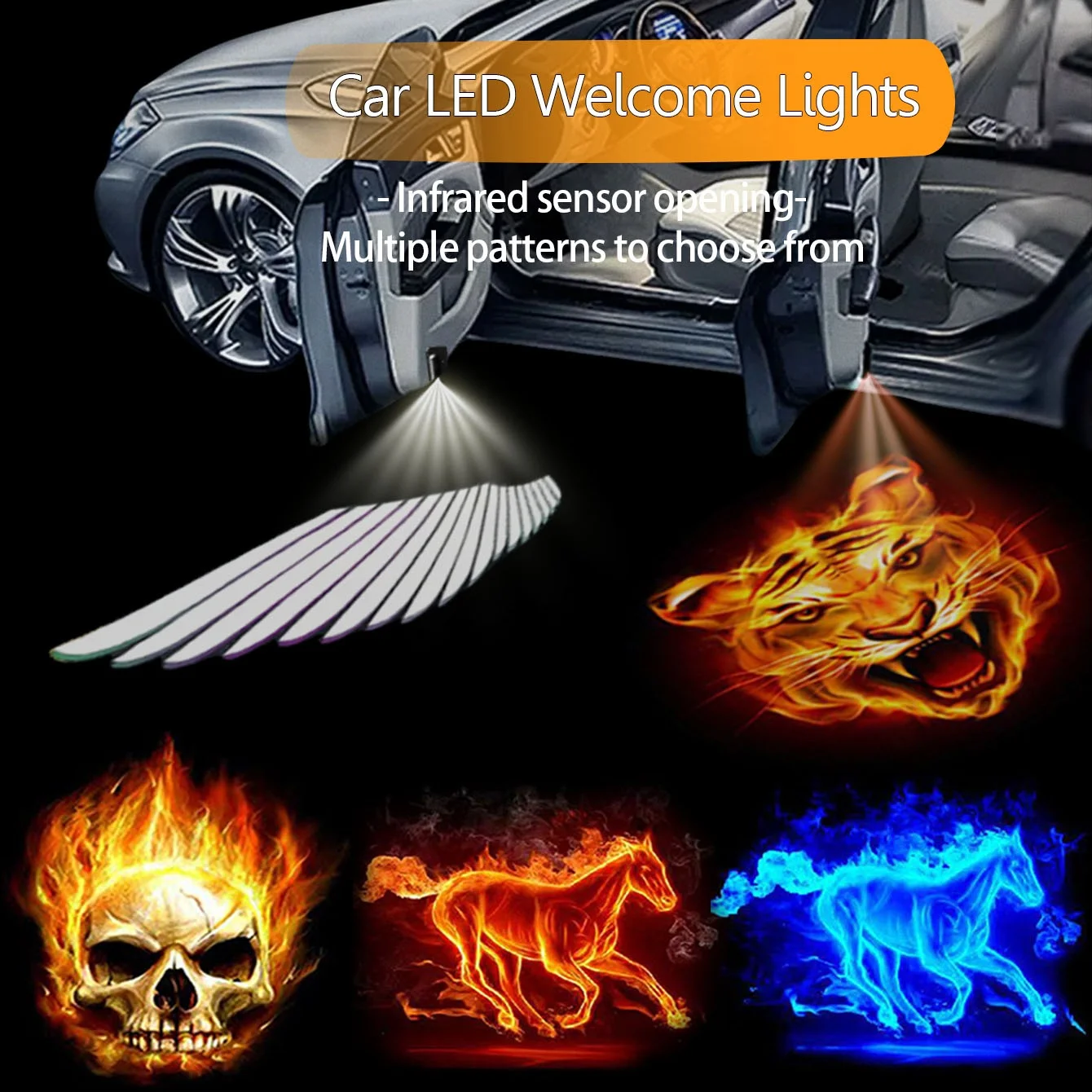 LED automotive universal retrofit welcome lights induction turn on angel wings Lima tiger skull projector ground lighting signs