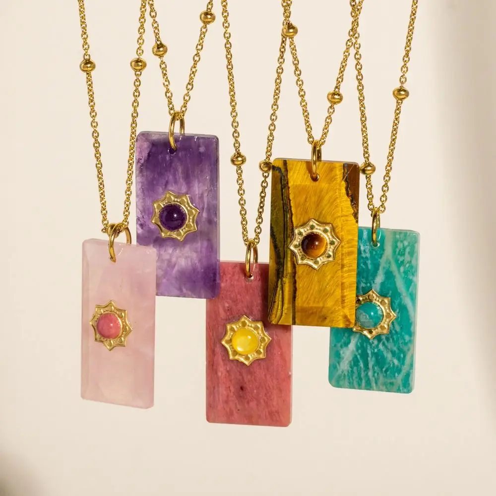 

Creative Bead Sun Stone Necklace Pendant Vintage Square Neck Chain Stainless Steel Choker Sweater Chain Women